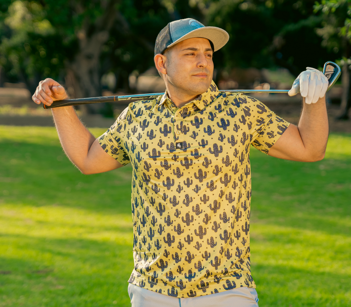 sand colored polo shirt